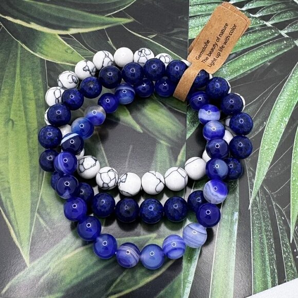 NWT Beaded Stretch Bracelets Set 3PCs Lapis Lazuli White Turquoise Agate - Picture 1 of 8